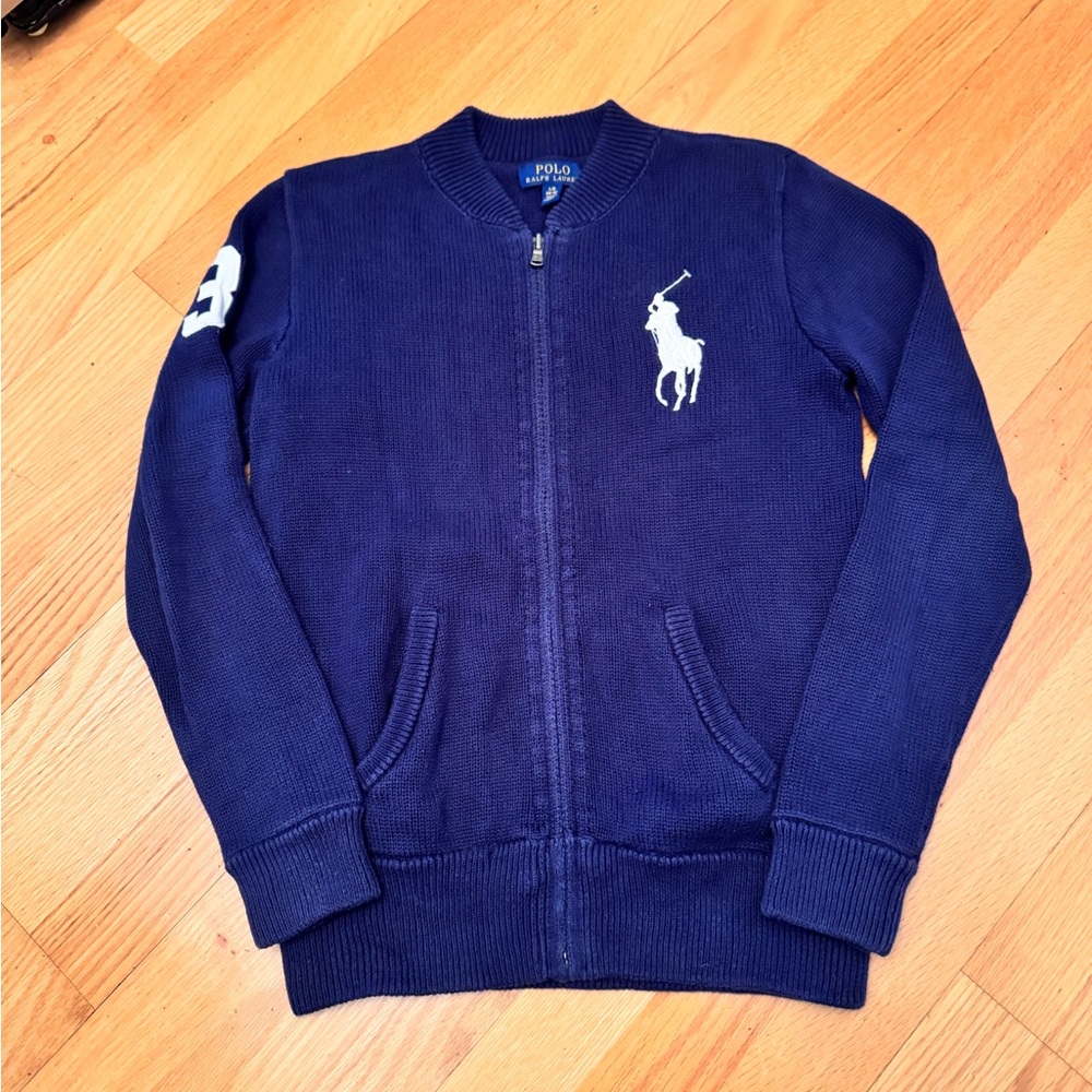 Polo by Ralph Lauren Kids Dark Blue Zip-Up sweater, and black Gap fit.